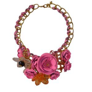Bold Floral Statement Necklace – Pink Flowers with Beads – Chunky - NEW